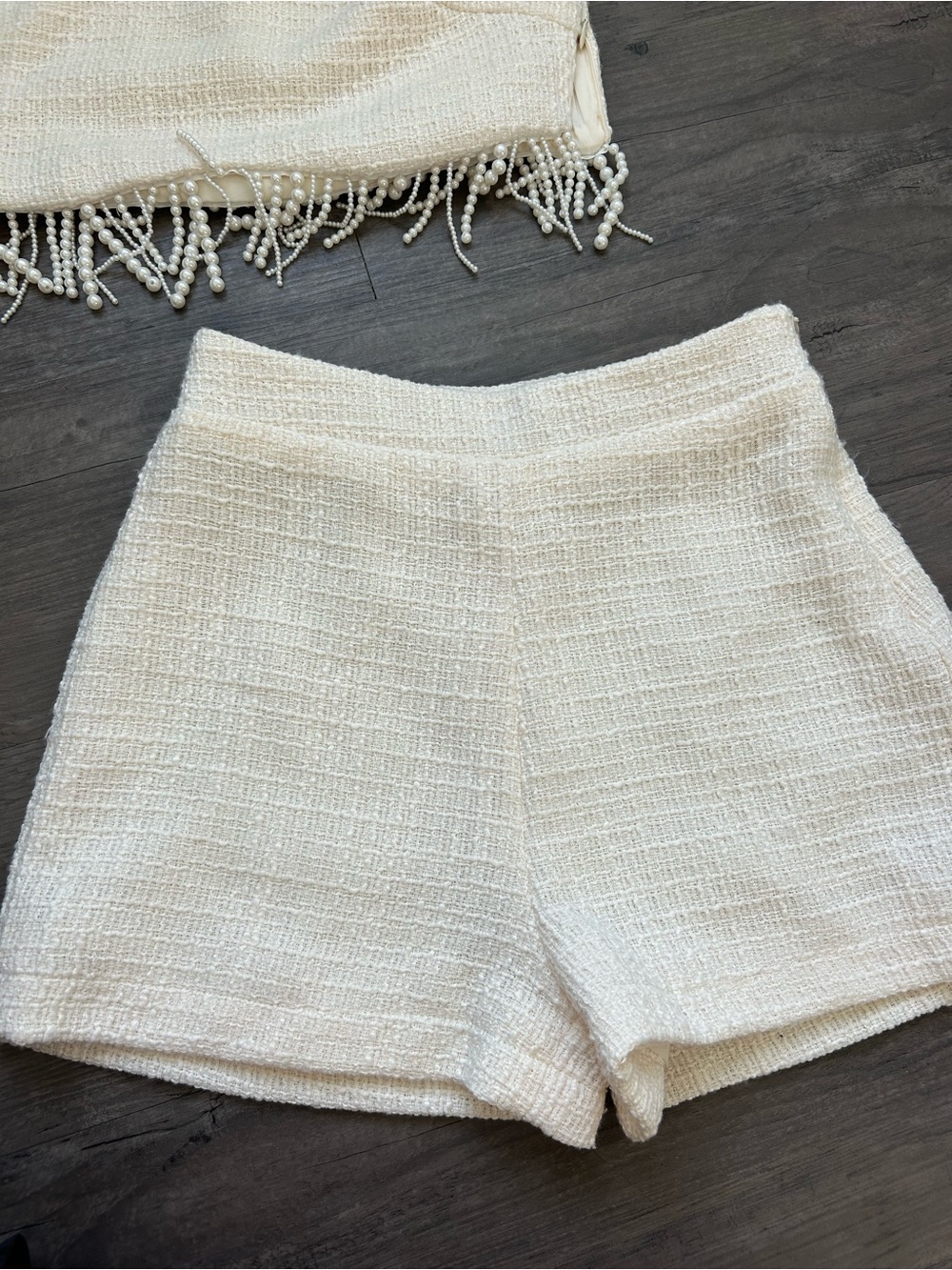 Jason Wu Ivory Tweed Beaded Fringe Crop Top & High-Waist Shorts Set - Picture 8 of 11